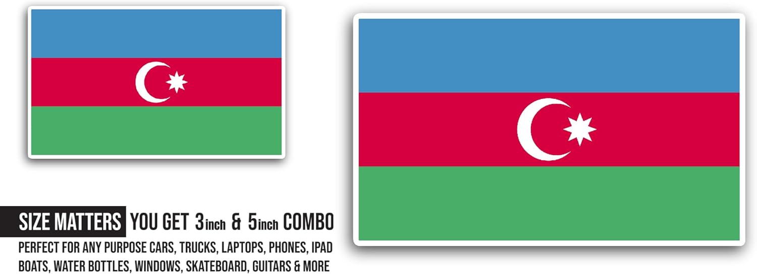 2 (Pieces) 3" and 5" Azerbaijan Flag Sticker, Waterproof Vinyl Decals for Many Purpose Like Cars, Trucks, Laptops, Phones, Windows and More