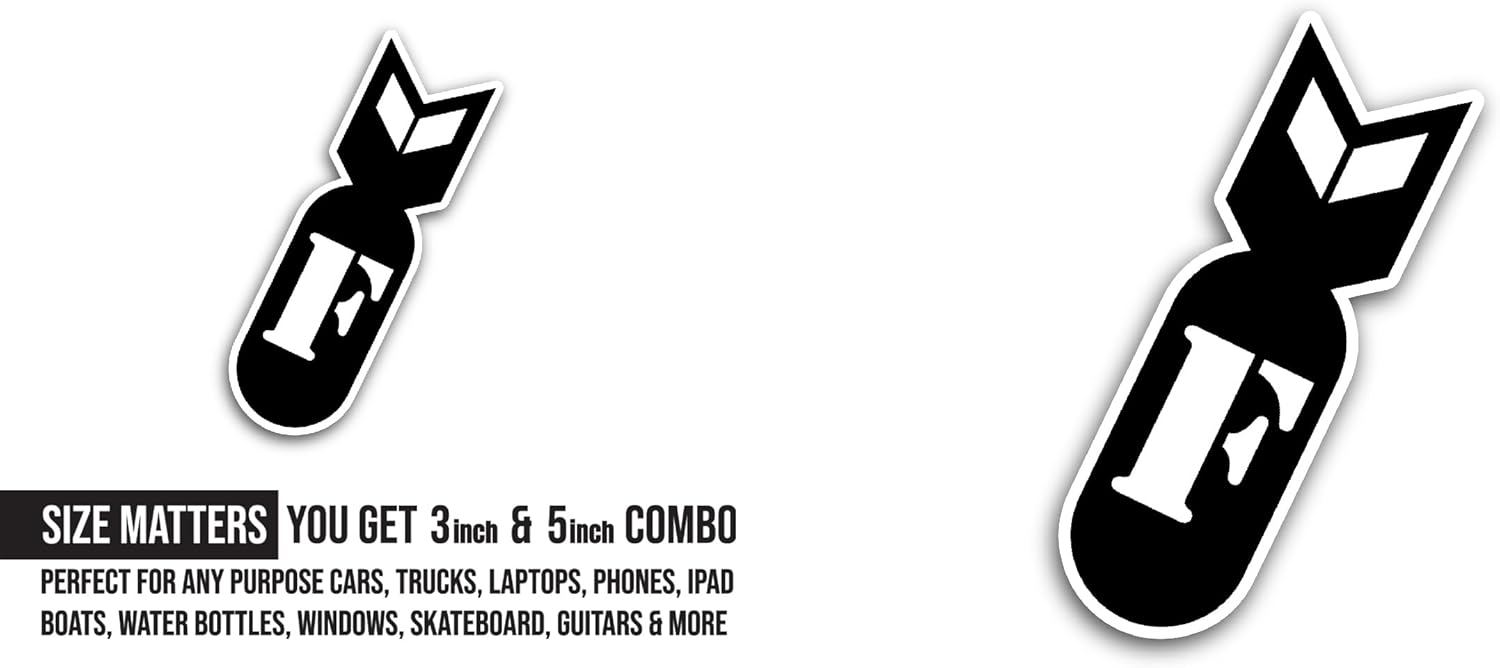 2 (Pieces) 3" and 5" F Letter On Bomb Sticker, Waterproof Vinyl Decals for Many Purpose Like Cars, Trucks, Laptops, Phones, Windows and More