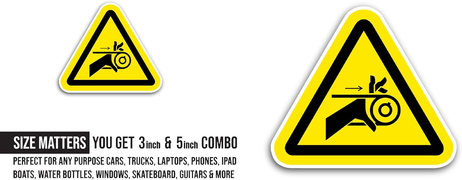 2 (Pieces) 3" and 5" Hand Crush Roller Pinch Point Symbol Sticker, Waterproof Vinyl Decals for Many Purpose Like Cars, Trucks, Laptops, Phones, Windows and More