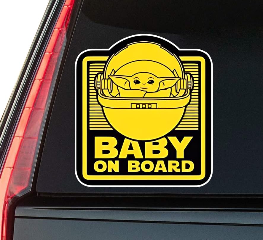 Baby Yoda on Board Window Vinyl Decal Sticker 6" (White), Waterproof Vinyl Decals for Many Purpose Like Cars, Trucks, Laptops, Phones, Windows and More