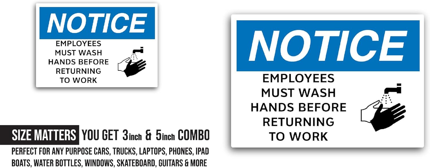 2 (Pieces) 3" and 5" Notice Employees Must Wash Hands Sticker, Waterproof Vinyl Decals for Many Purpose Like Cars, Trucks, Laptops, Phones, Windows and More
