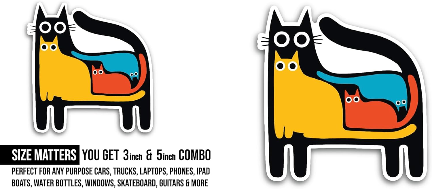 2 (Pieces) 3" and 5" Colorful Cats Sticker, Waterproof Vinyl Decals for Many Purpose Like Cars, Trucks, Laptops, Phones, Windows and More