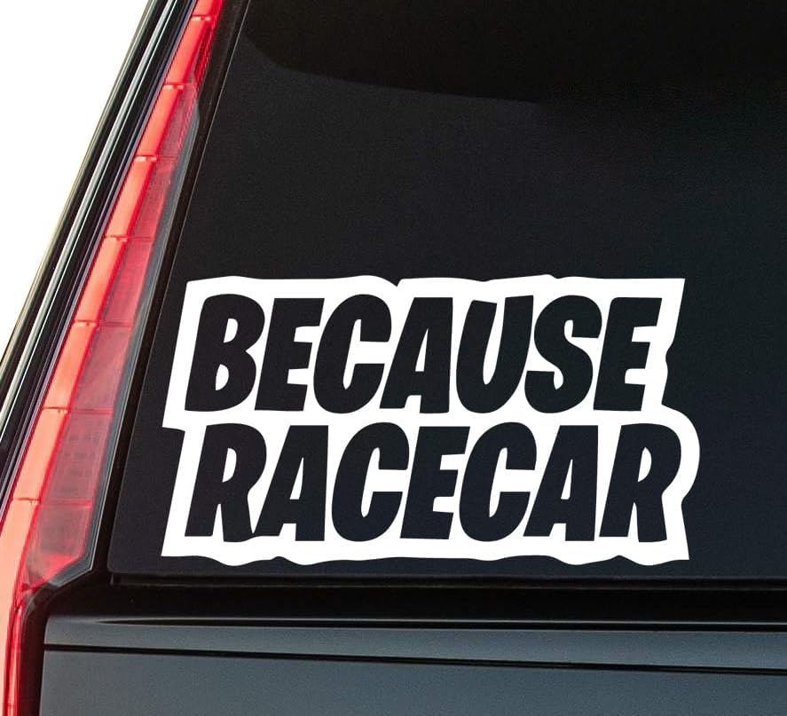 Because Race Car Window Vinyl Decal Sticker 6" (White), Waterproof Vinyl Decals for Many Purpose Like Cars, Trucks, Laptops, Phones, Windows and More