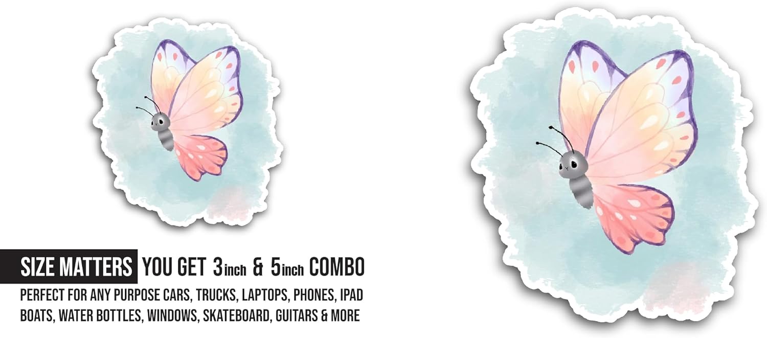 2 (Pieces) 3" and 5" Pink Butterfly Sticker, Waterproof Vinyl Decals for Many Purpose Like Cars, Trucks, Laptops, Phones, Windows and More