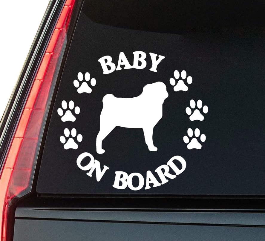 Pug Baby on Board Window Vinyl Decal Sticker 6" (White), Waterproof Vinyl Decals for Many Purpose Like Cars, Trucks, Laptops, Phones, Windows and More