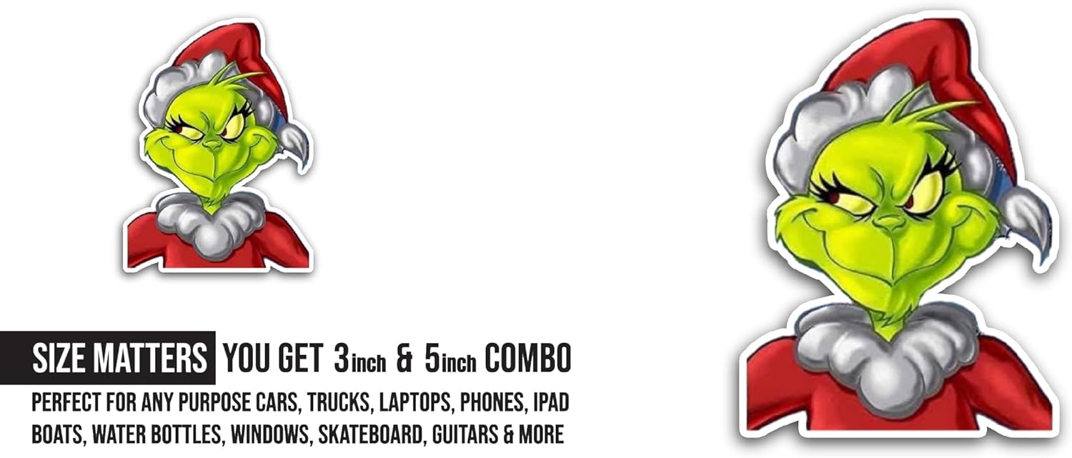 2 (Pieces) 3" and 5" Grinch Sticker, Waterproof Vinyl Decals for Many Purpose Like Cars, Trucks, Laptops, Phones, Windows and More