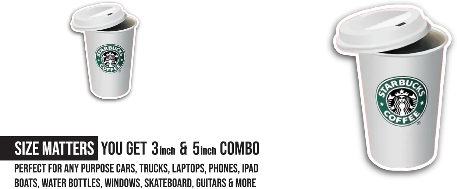 2 (Pieces) 3" and 5" Coffee Cup with Lid Sticker, Waterproof Vinyl Decals for Many Purpose Like Cars, Trucks, Laptops, Phones, Windows and More