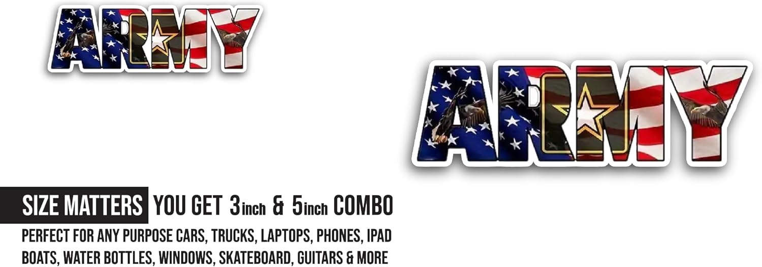 2 (Pieces) 3" and 5" Army Text Sticker, Waterproof Vinyl Decals for Many Purpose Like Cars, Trucks, Laptops, Phones, Windows and More