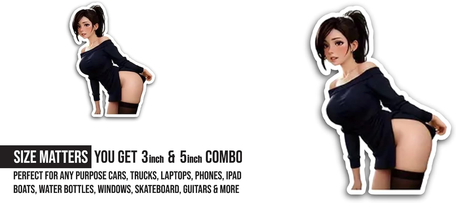 2 (Pieces) 3" and 5" Girl in Black Dress Sticker, Waterproof Vinyl Decals for Many Purpose Like Cars, Trucks, Laptops, Phones, Windows and More