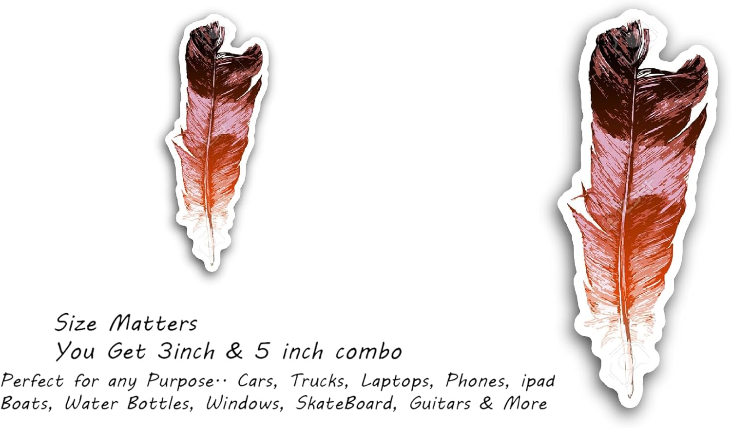 2 (Pieces) 3" and 5" Red Feather Sticker, Waterproof Vinyl Decals for Many Purpose Like Cars, Trucks, Laptops, Phones, Windows and More