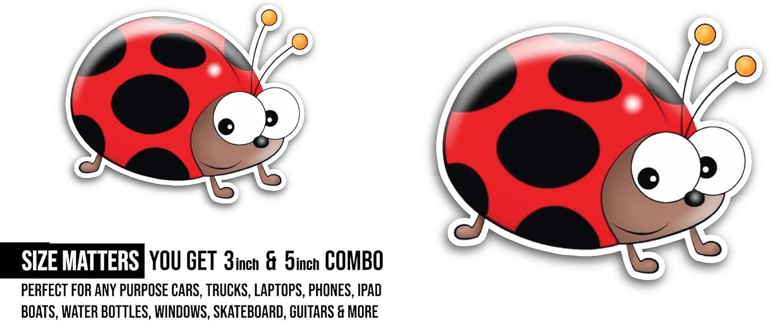2 (Pieces) 3" and 5" Cartoon Ladybug Sticker, Waterproof Vinyl Decals for Many Purpose Like Cars, Trucks, Laptops, Phones, Windows and More