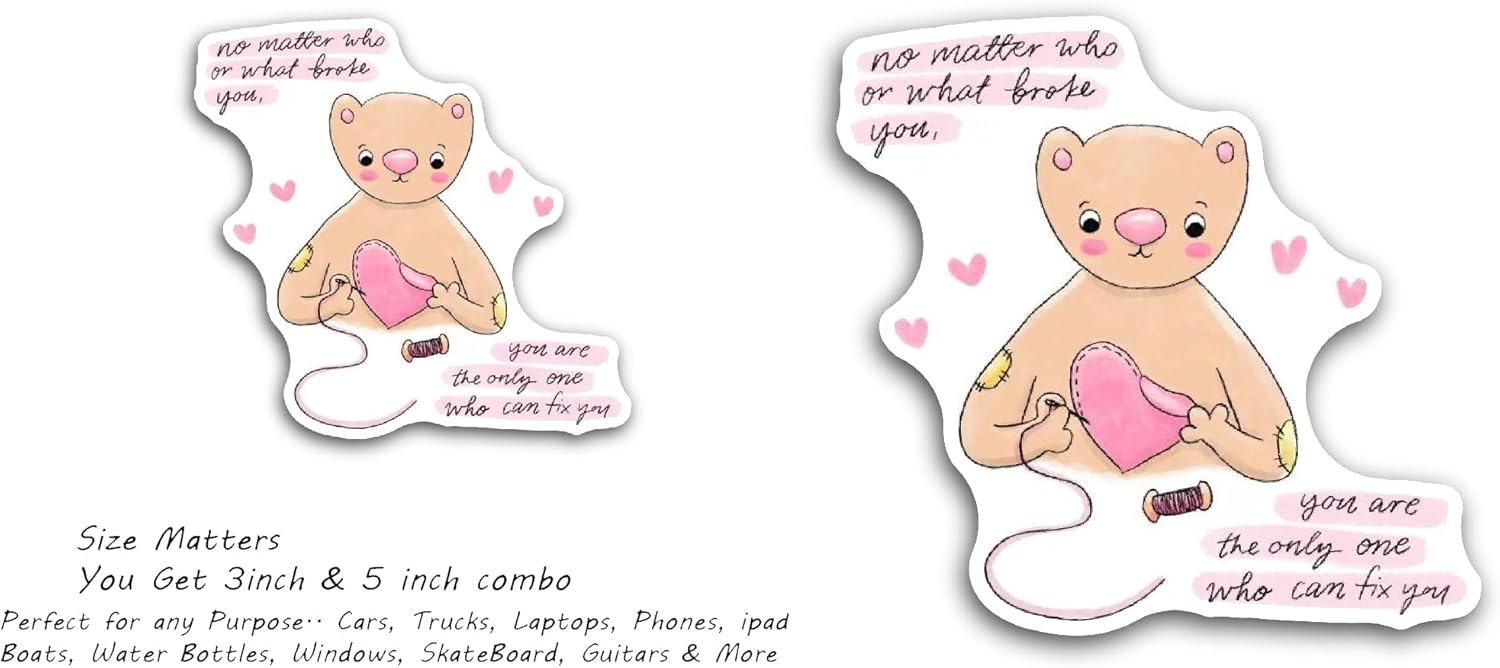 2 (Pieces) 3" and 5" Cute Bear with Heart Sticker, Waterproof Vinyl Decals for Many Purpose Like Cars, Trucks, Laptops, Phones, Windows and More