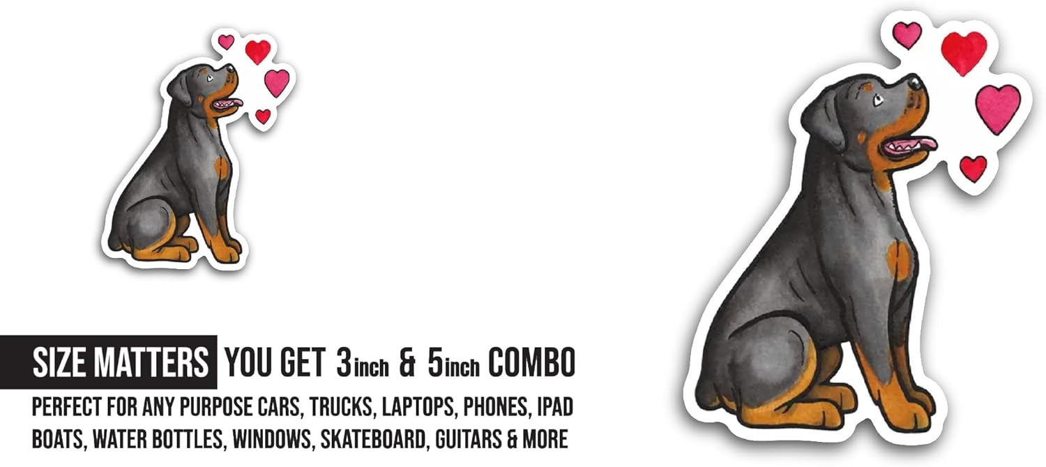 2 (Pieces) 3" and 5" Rottweiler Love Sticker, Waterproof Vinyl Decals for Many Purpose Like Cars, Trucks, Laptops, Phones, Windows and More