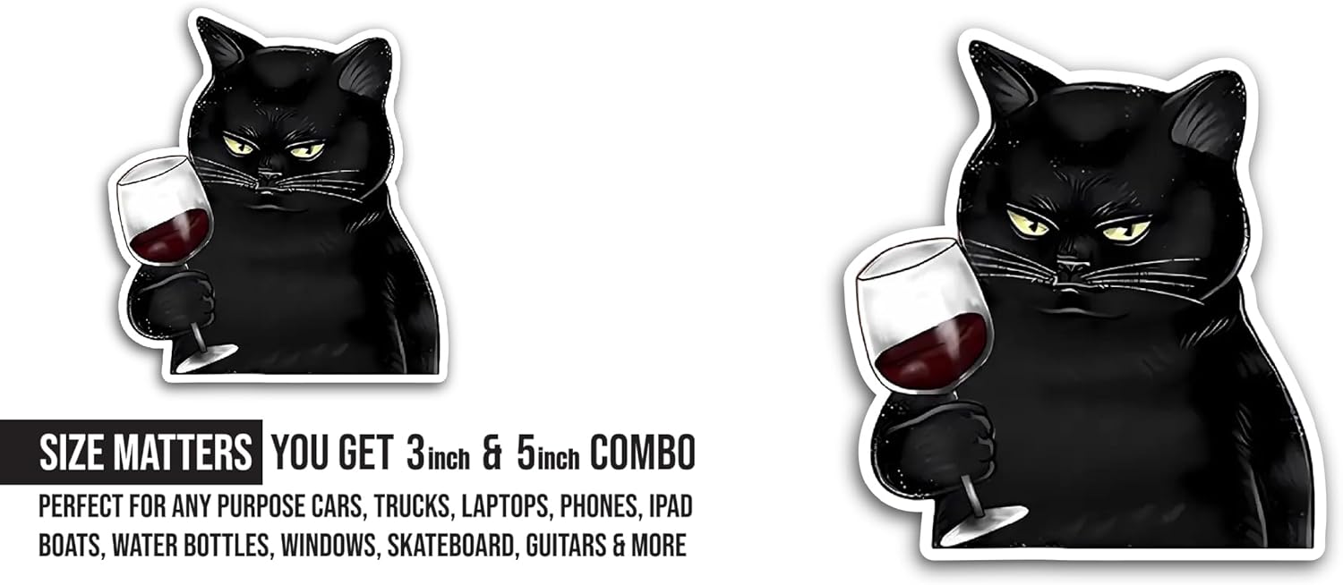 2 (Pieces) 3" and 5" Cat Drinking Wine Sticker, Waterproof Vinyl Decals for Many Purpose Like Cars, Trucks, Laptops, Phones, Windows and More