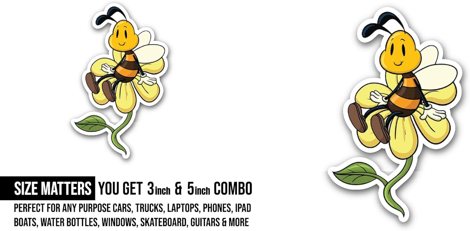2 (Pieces) 3" and 5" Bee On Flower Sticker, Waterproof Vinyl Decals for Many Purpose Like Cars, Trucks, Laptops, Phones, Windows and More