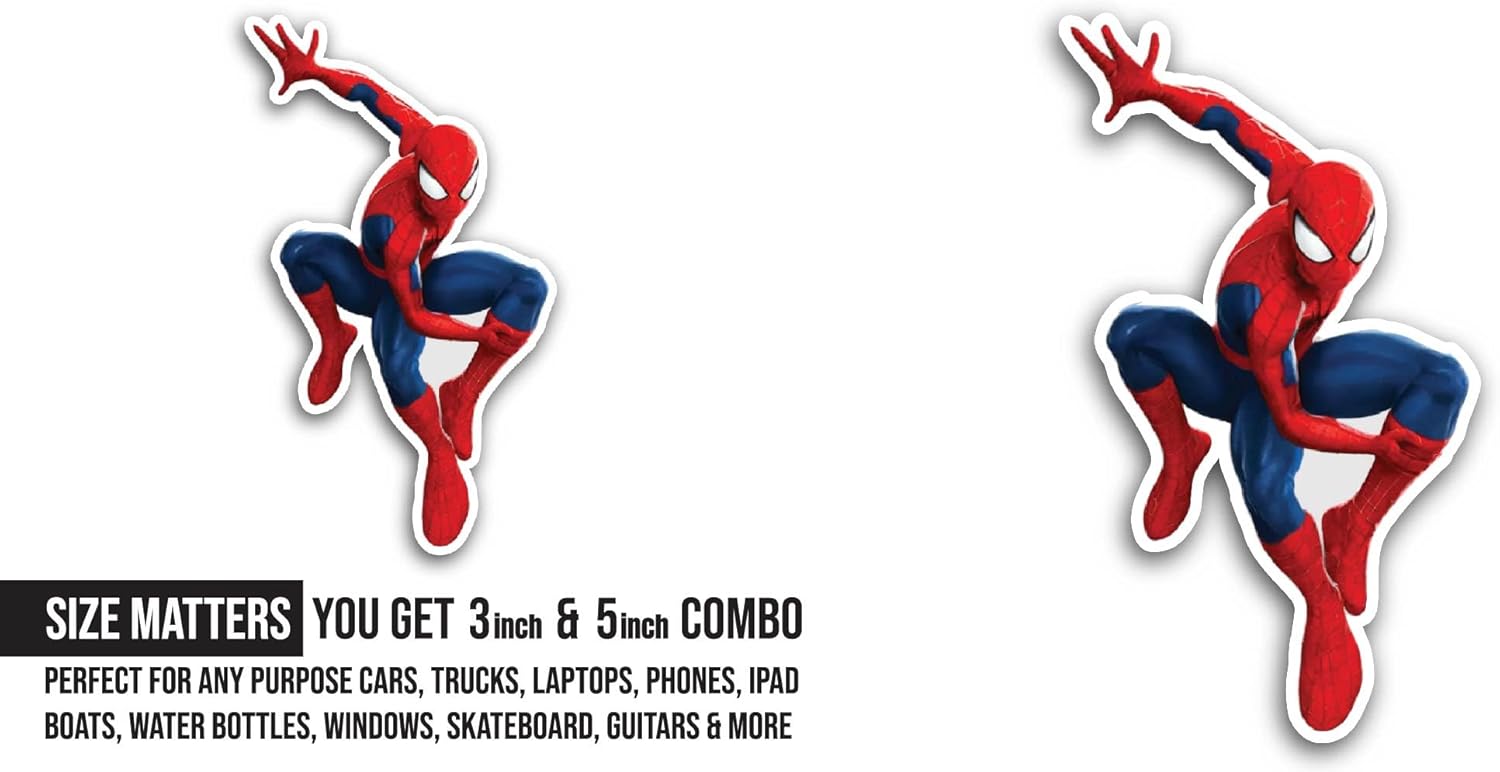 2 (Pieces) 3" and 5" S P I D E R M A N Sticker, Waterproof Vinyl Decals for Many Purpose Like Cars, Trucks, Laptops, Phones, Windows and More