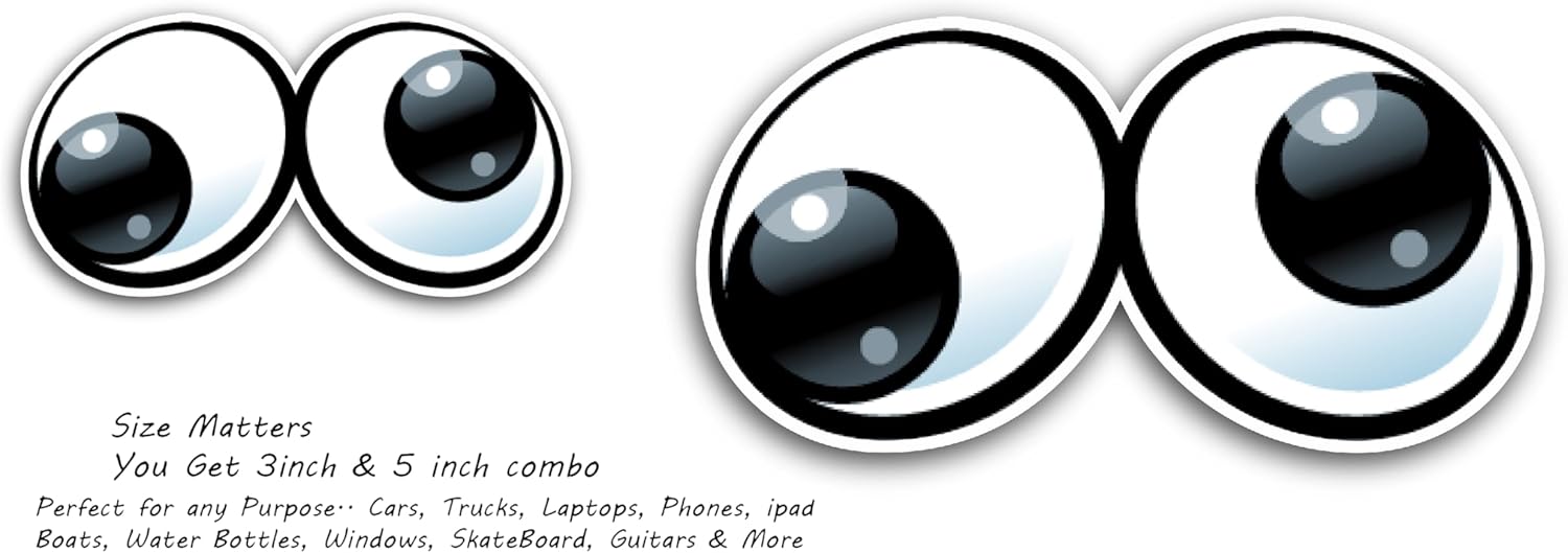 2 (Pieces) 3" and 5" Eye Balls Opposite Directions Decal Sticker, Waterproof Vinyl Decals for Many Purpose Like Cars, Trucks, Laptops, Phones, Windows and More