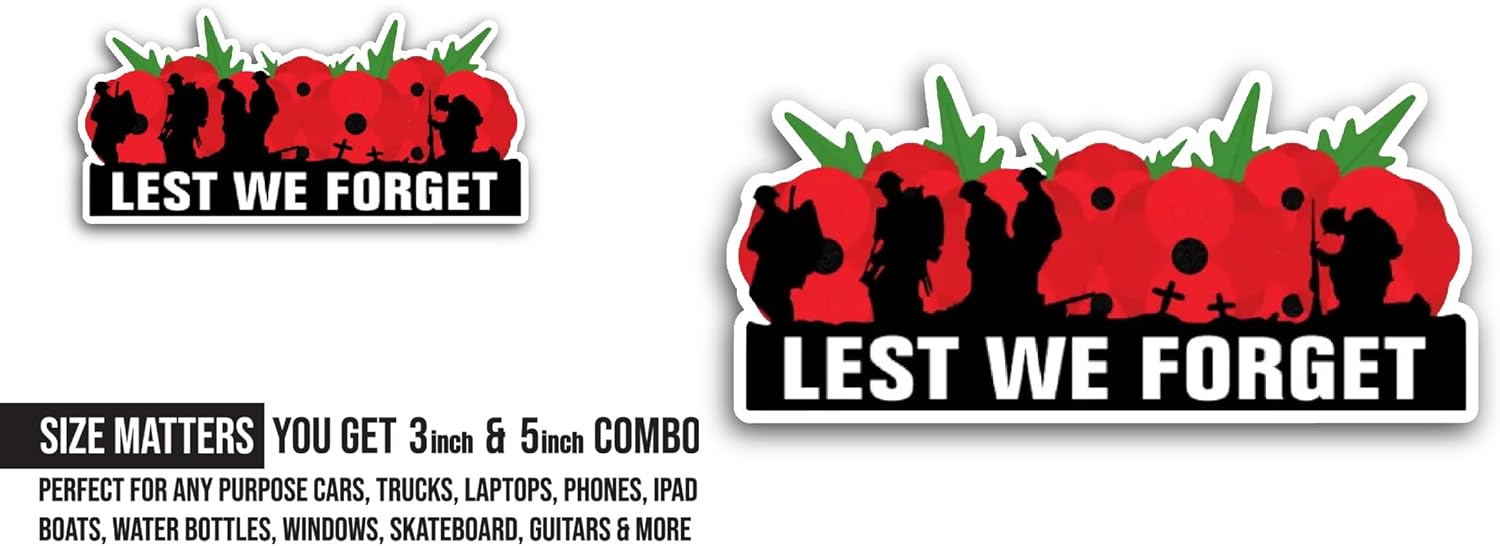 2 (Pieces) 3" and 5" Lest We Forget Sticker, Waterproof Vinyl Decals for Many Purpose Like Cars, Trucks, Laptops, Phones, Windows and More