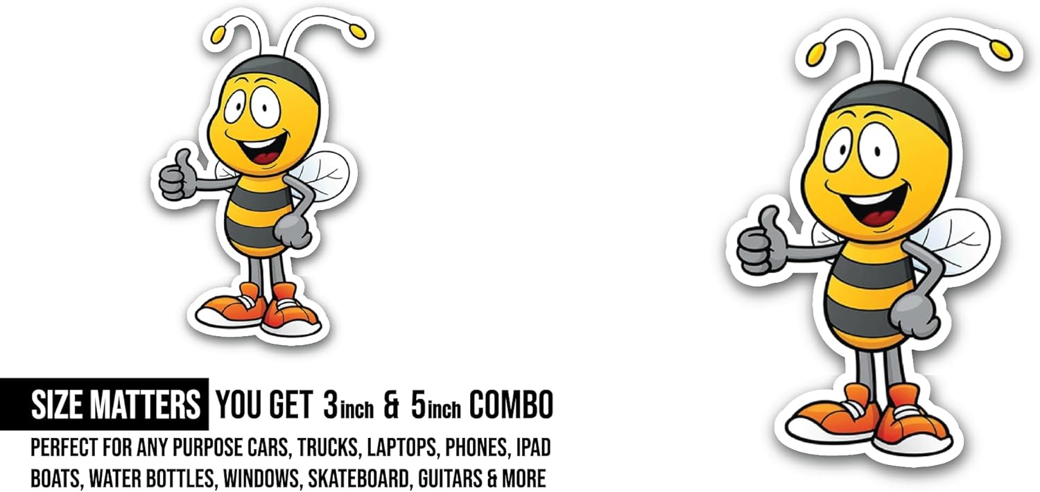 2 (Pieces) 3" and 5" Cute Bee Thumbs Up Sticker, Waterproof Vinyl Decals for Many Purpose Like Cars, Trucks, Laptops, Phones, Windows and More