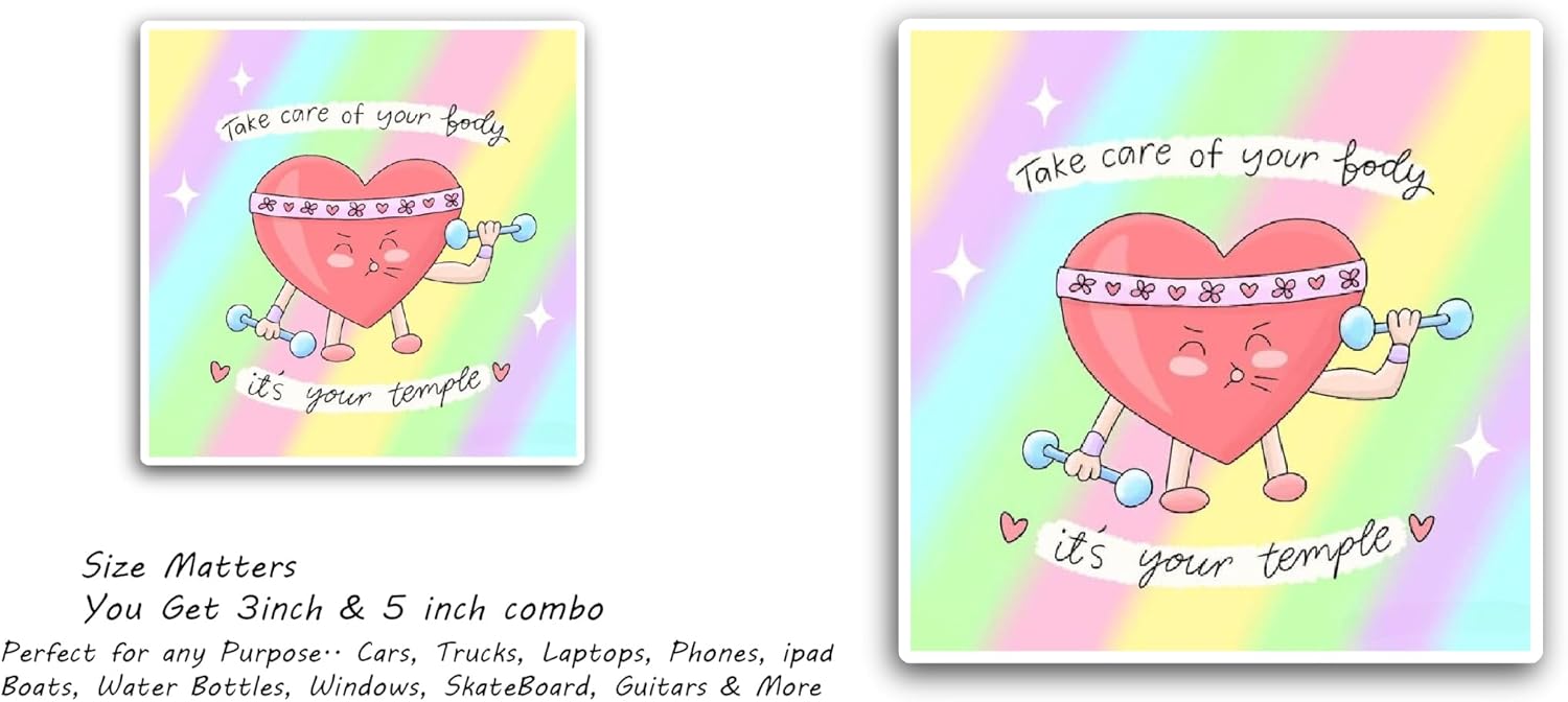 2 (Pieces) 3" and 5" Take Care of Your Body Text with Heart Sticker, Waterproof Vinyl Decals for Many Purpose Like Cars, Trucks, Laptops, Phones, Windows and More
