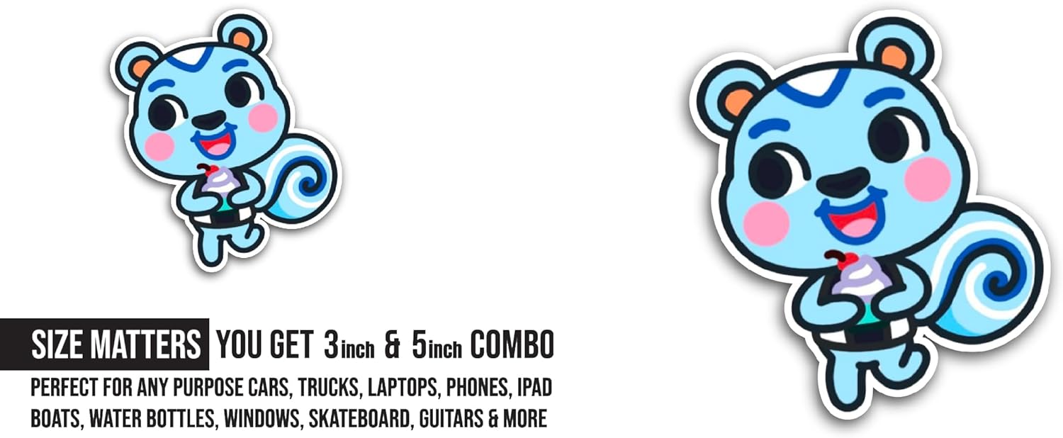 2 (Pieces) 3" and 5" Blue Cartoon Chipmunk Sticker, Waterproof Vinyl Decals for Many Purpose Like Cars, Trucks, Laptops, Phones, Windows and More