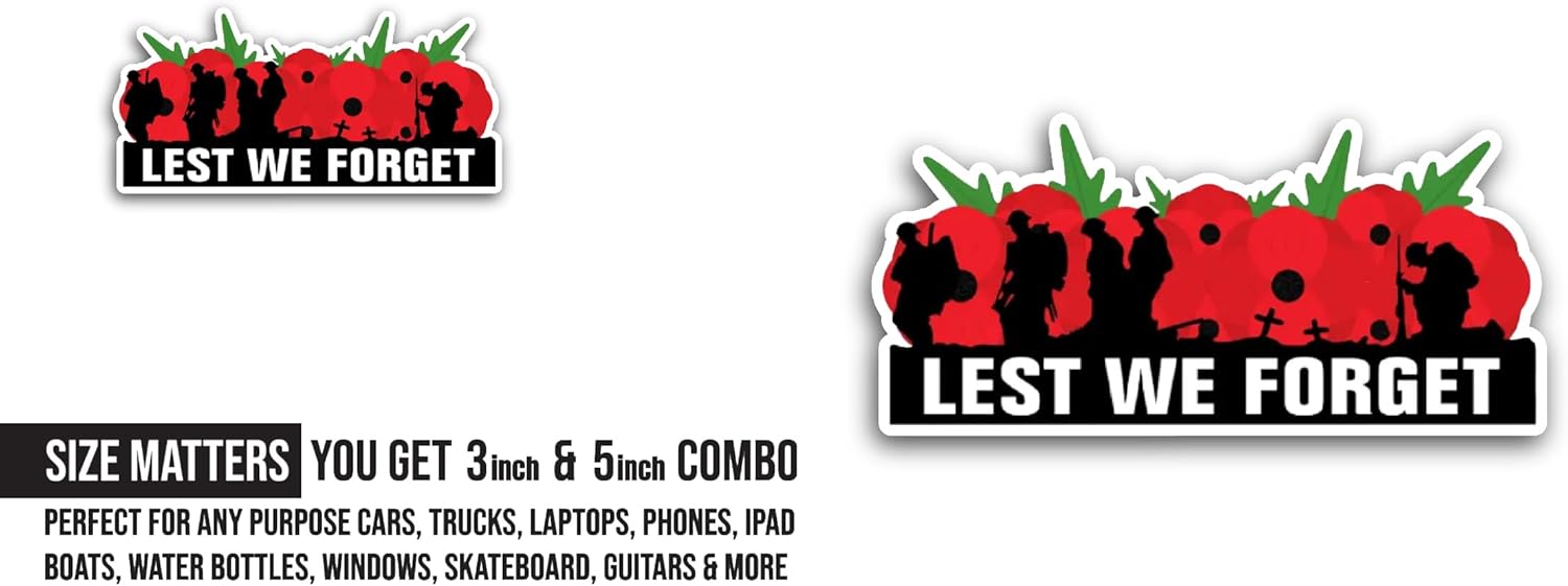 2 (Pieces) 3" and 5" Lest We Forget Text Sticker, Waterproof Vinyl Decals for Many Purpose Like Cars, Trucks, Laptops, Phones, Windows and More