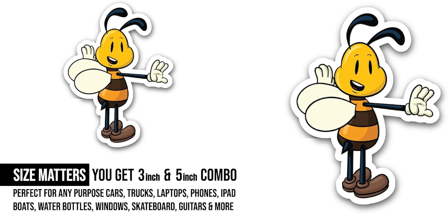2 (Pieces) 3" and 5" Happy Cute Bee Sticker, Waterproof Vinyl Decals for Many Purpose Like Cars, Trucks, Laptops, Phones, Windows and More