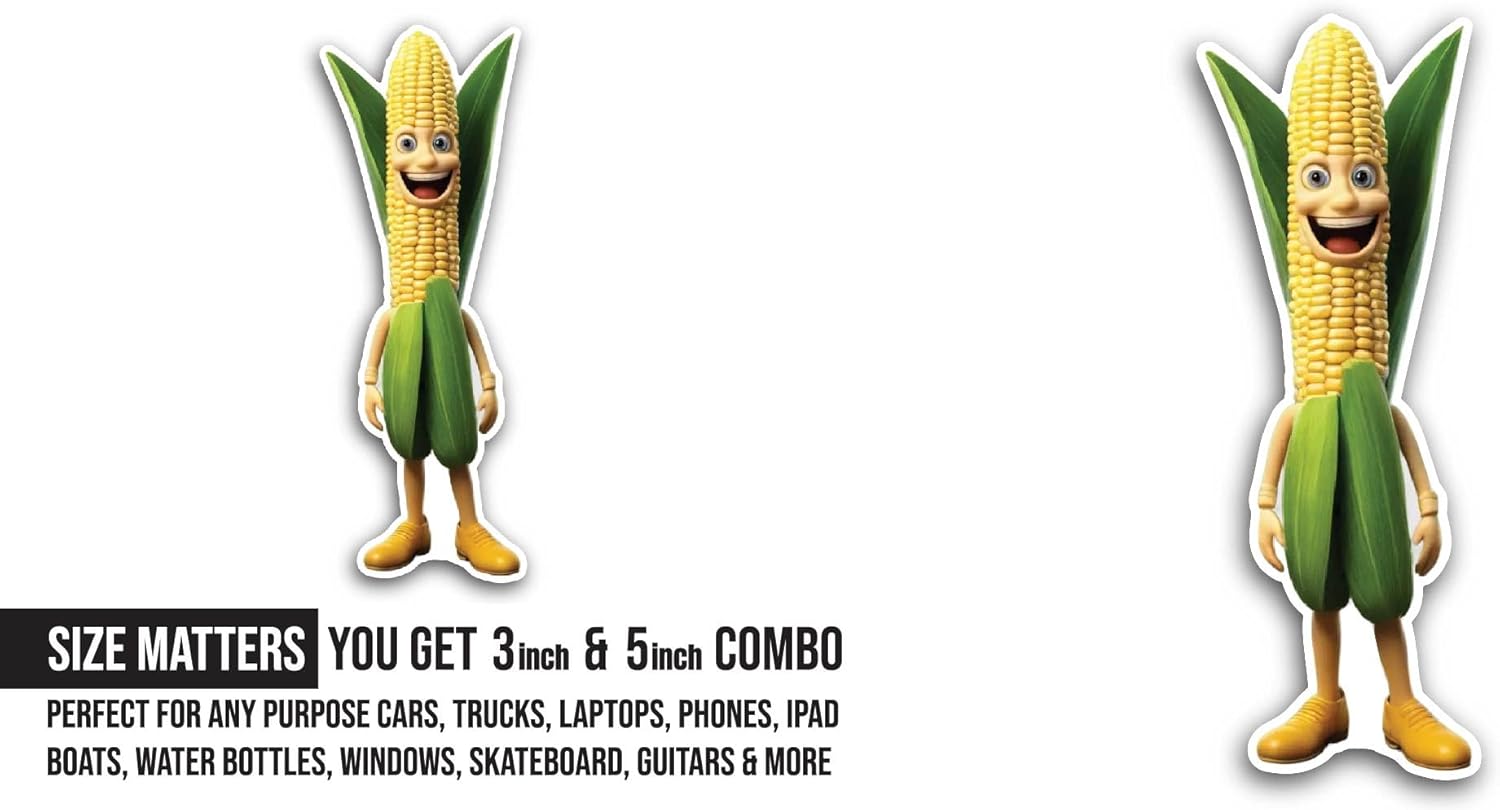 2 (Pieces) 3" and 5" Funny Corn Sticker, Waterproof Vinyl Decals for Many Purpose Like Cars, Trucks, Laptops, Phones, Windows and More
