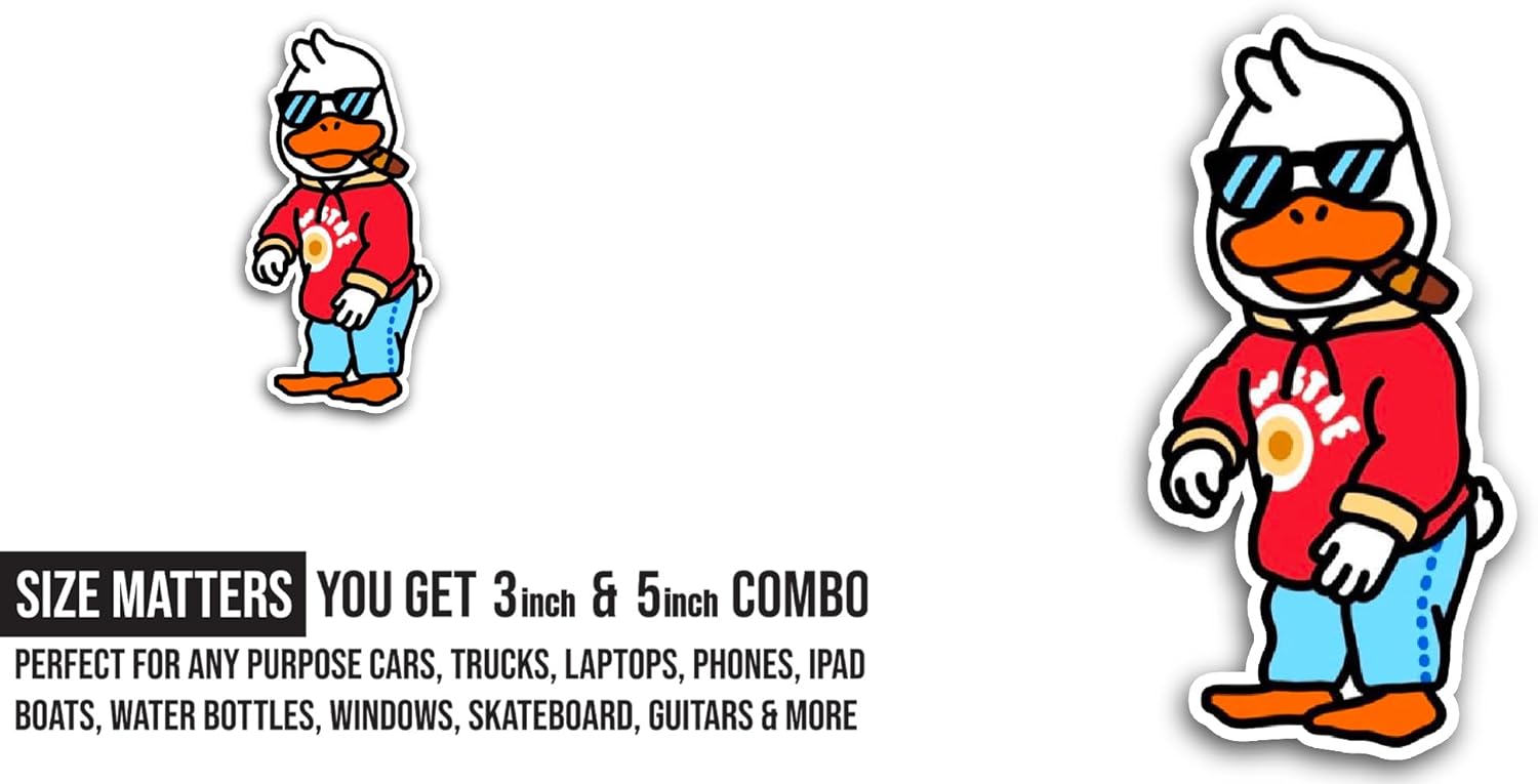 2 (Pieces) 3" and 5" Cool Cartoon Duck Sticker, Waterproof Vinyl Decals for Many Purpose Like Cars, Trucks, Laptops, Phones, Windows and More