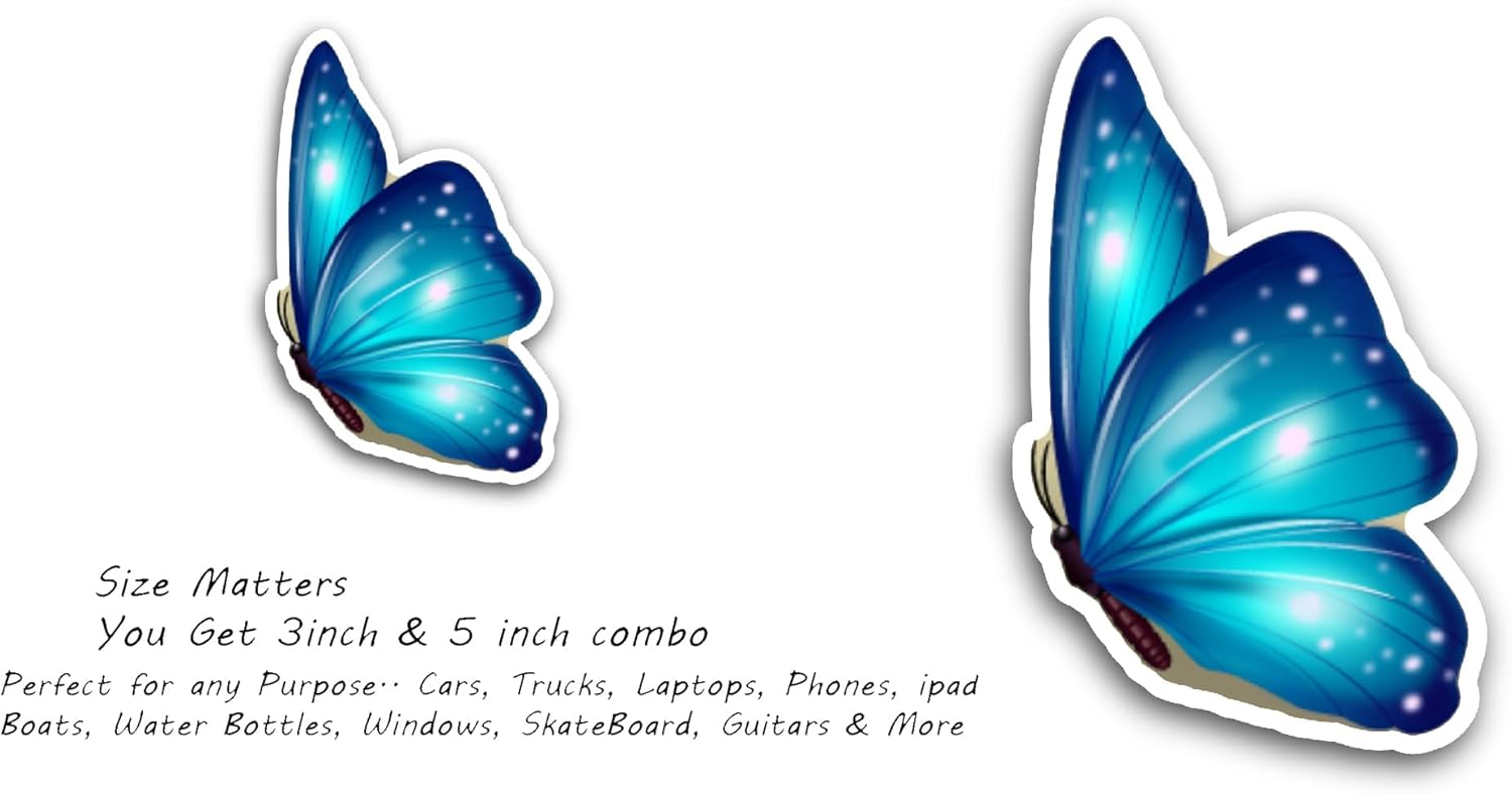 2 (Pieces) 3" and 5" Blue Butterfly Side View Sticker, Waterproof Vinyl Decals for Many Purpose Like Cars, Trucks, Laptops, Phones, Windows and More