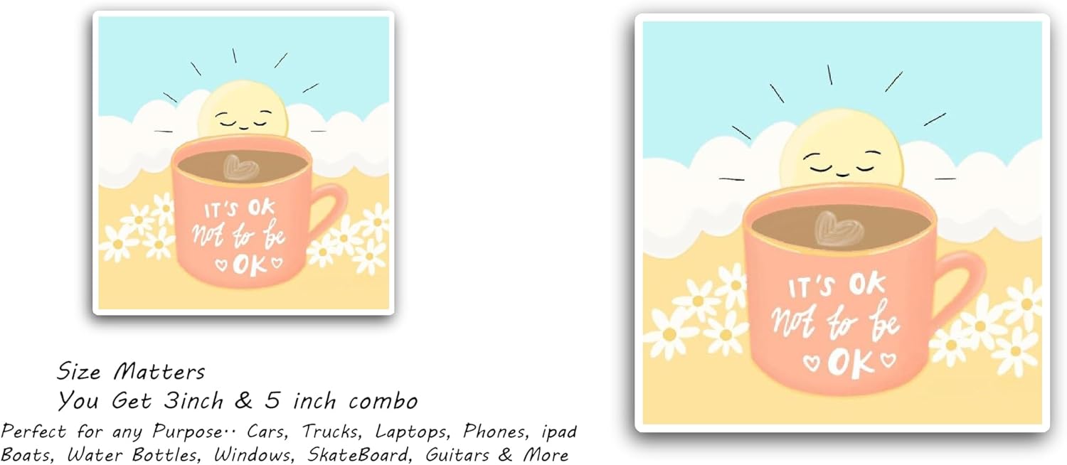 2 (Pieces) 3" and 5" Tea Cup with Sun Sticker, Waterproof Vinyl Decals for Many Purpose Like Cars, Trucks, Laptops, Phones, Windows and More