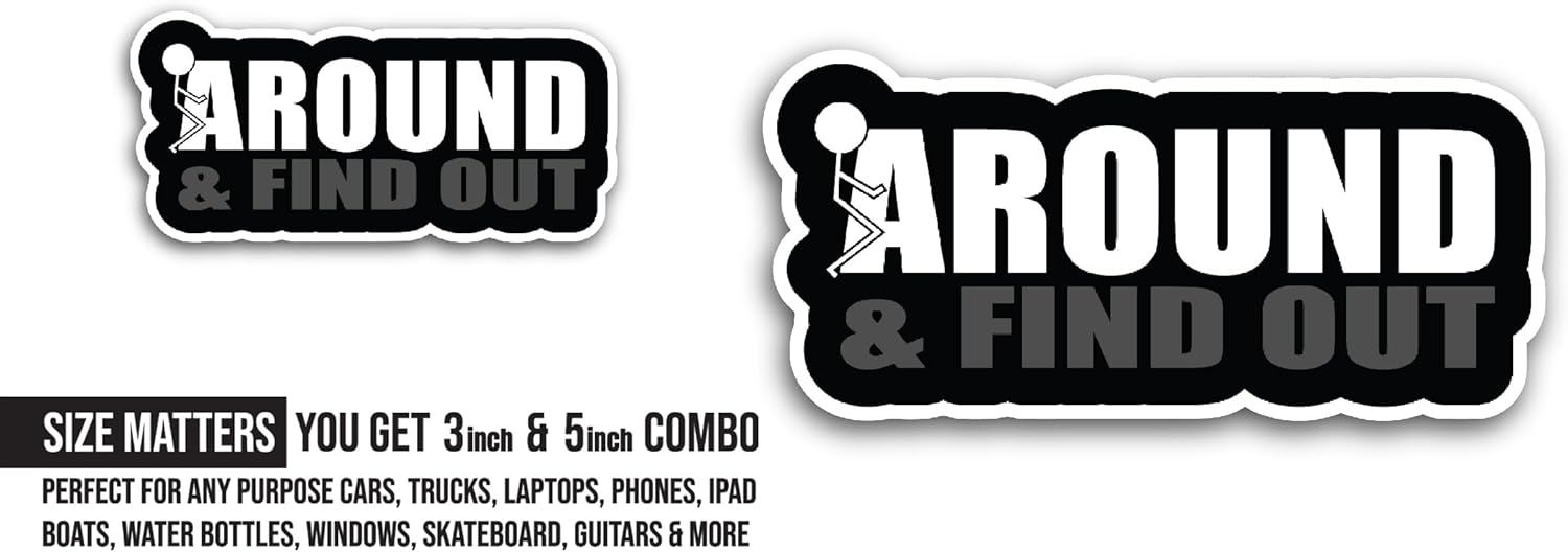 2 (Pieces) 3" and 5" Around & Find Out Sticker, Waterproof Vinyl Decals for Many Purpose Like Cars, Trucks, Laptops, Phones, Windows and More