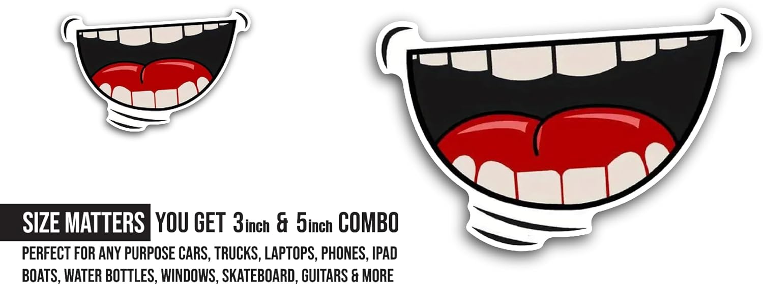 2 (Pieces) 3" and 5" Laughing Mouth with Teeth Sticker, Waterproof Vinyl Decals for Many Purpose Like Cars, Trucks, Laptops, Phones, Windows and More