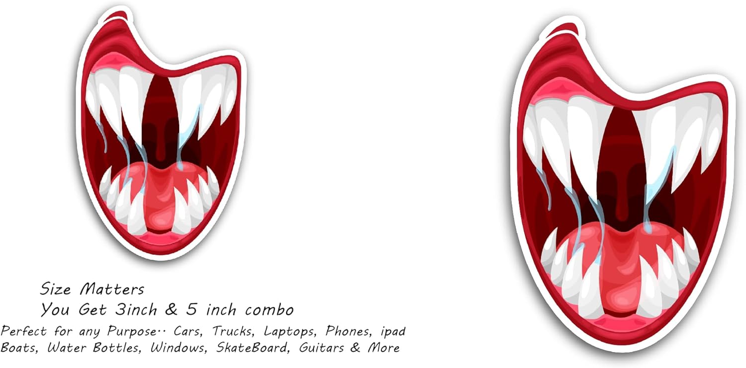 2 (Pieces) 3" and 5" Sharp Teeth Vampire Mouth Sticker, Waterproof Vinyl Decals for Many Purpose Like Cars, Trucks, Laptops, Phones, Windows and More
