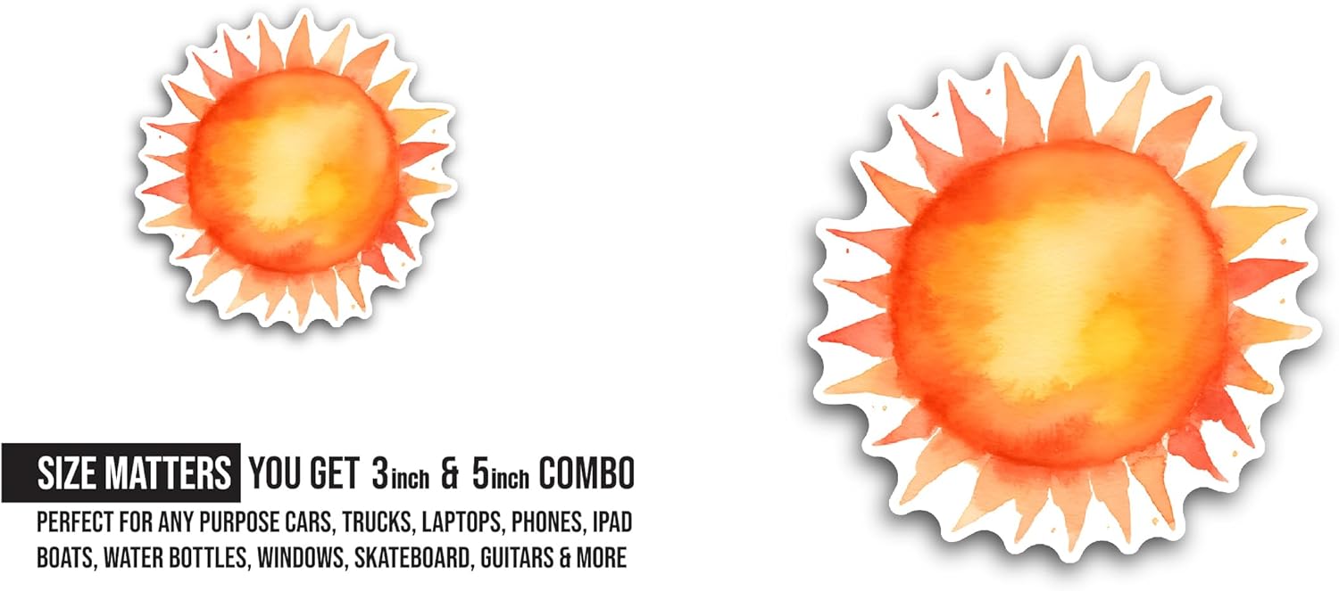 2 (Pieces) 3" and 5" Sun Sticker, Waterproof Vinyl Decals for Many Purpose Like Cars, Trucks, Laptops, Phones, Windows and More