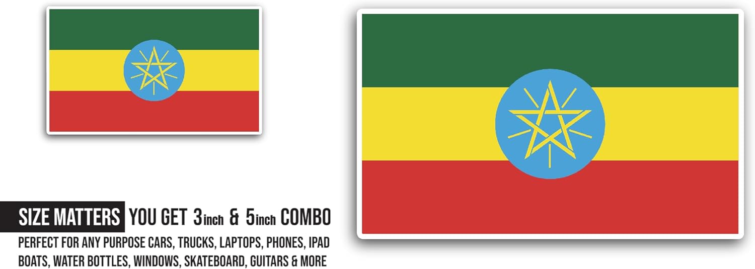 2 (Pieces) 3" and 5" Ethiopia Flag Sticker, Waterproof Vinyl Decals for Many Purpose Like Cars, Trucks, Laptops, Phones, Windows and More