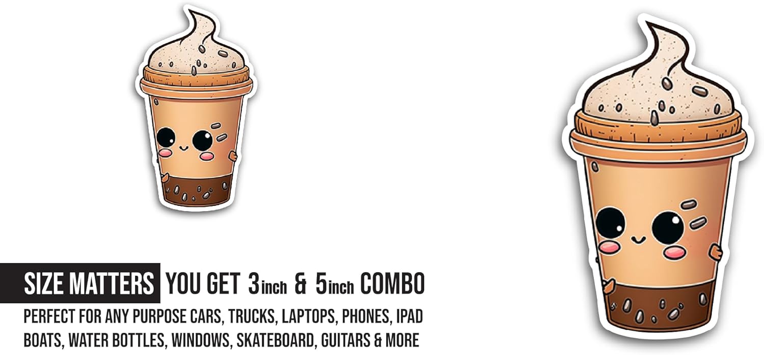2 (Pieces) 3" and 5" Iced Coffee Sticker, Waterproof Vinyl Decals for Many Purpose Like Cars, Trucks, Laptops, Phones, Windows and More
