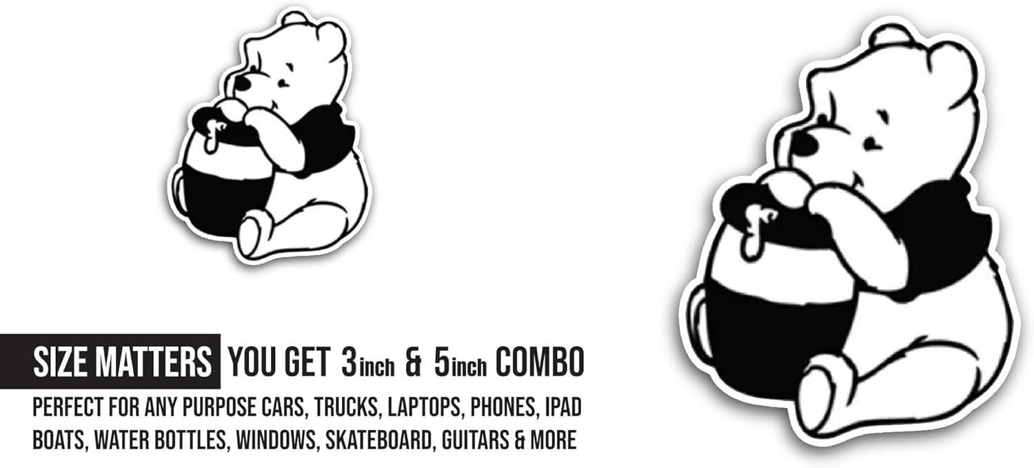 2 (Pieces) 3" and 5" Bear with Honey Sticker, Waterproof Vinyl Decals for Many Purpose Like Cars, Trucks, Laptops, Phones, Windows and More