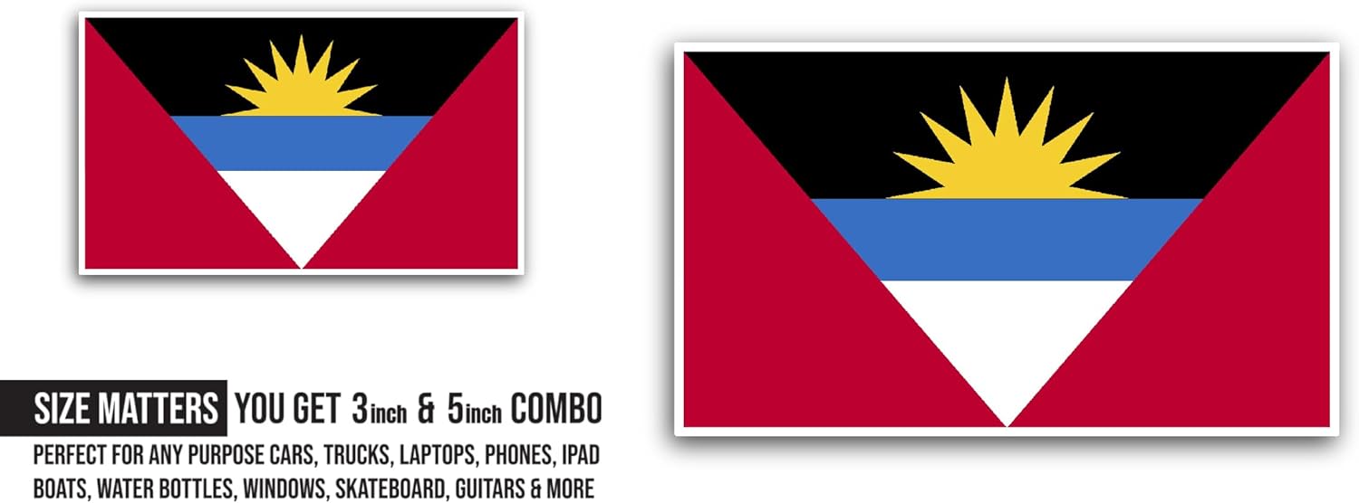 2 (Pieces) 3" and 5" Antigua and Barbuda Flag Sticker, Waterproof Vinyl Decals for Many Purpose Like Cars, Trucks, Laptops, Phones, Windows and More