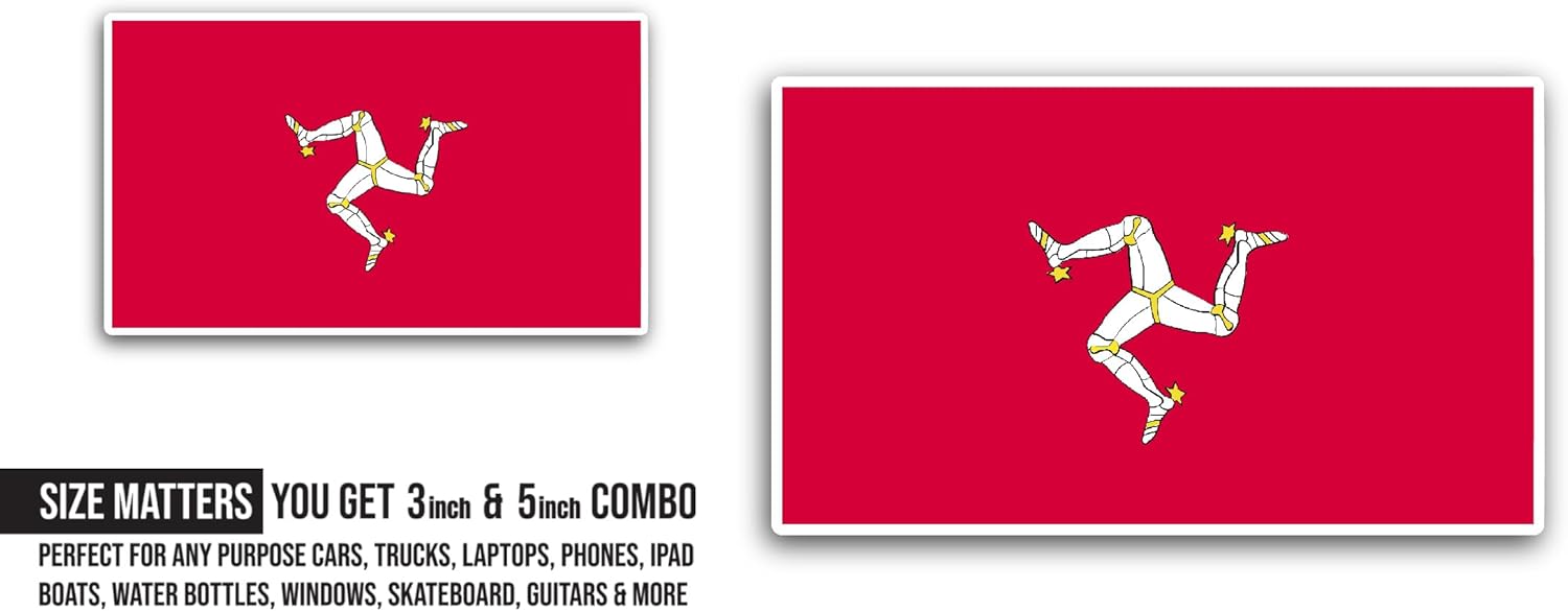 2 (Pieces) 3" and 5" Isle of Man Flag Sticker, Waterproof Vinyl Decals for Many Purpose Like Cars, Trucks, Laptops, Phones, Windows and More