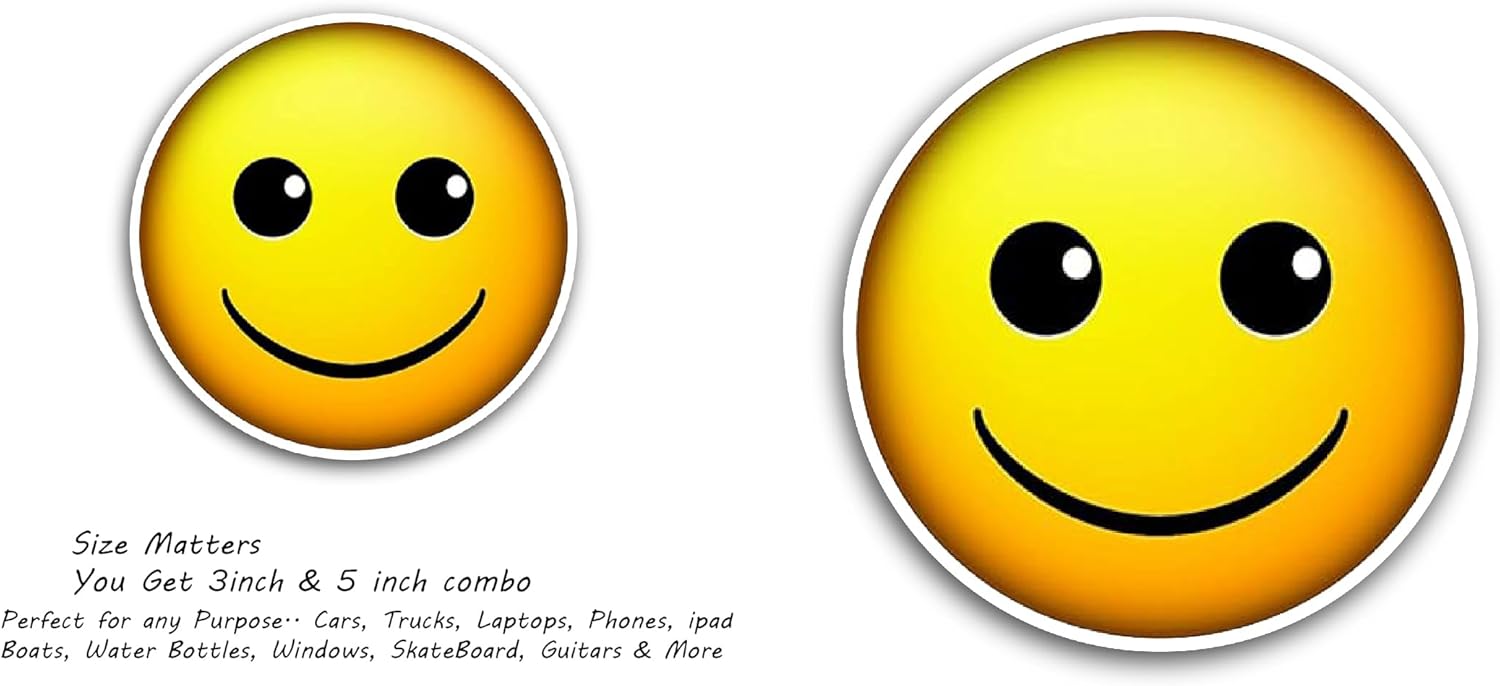 2 (Pieces) 3" and 5" Happy Smiley Face Text Sticker, Waterproof Vinyl Decals for Many Purpose Like Cars, Trucks, Laptops, Phones, Windows and More