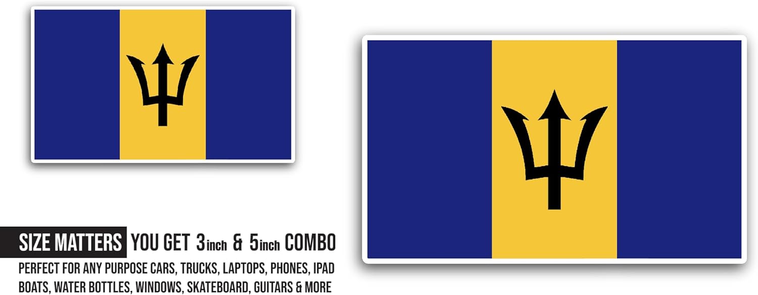 2 (Pieces) 3" and 5" Barbados Flag Sticker, Waterproof Vinyl Decals for Many Purpose Like Cars, Trucks, Laptops, Phones, Windows and More