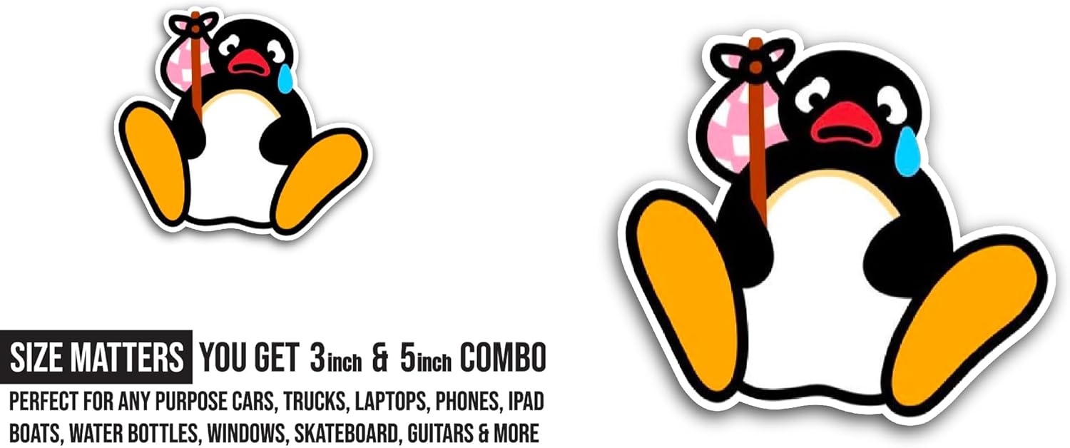2 (Pieces) 3" and 5" Sad Penguin Sticker, Waterproof Vinyl Decals for Many Purpose Like Cars, Trucks, Laptops, Phones, Windows and More
