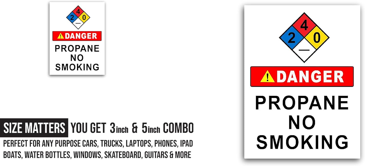 2 (Pieces) 3" and 5" Danger Propane No Smoking Sticker, Waterproof Vinyl Decals for Many Purpose Like Cars, Trucks, Laptops, Phones, Windows and More