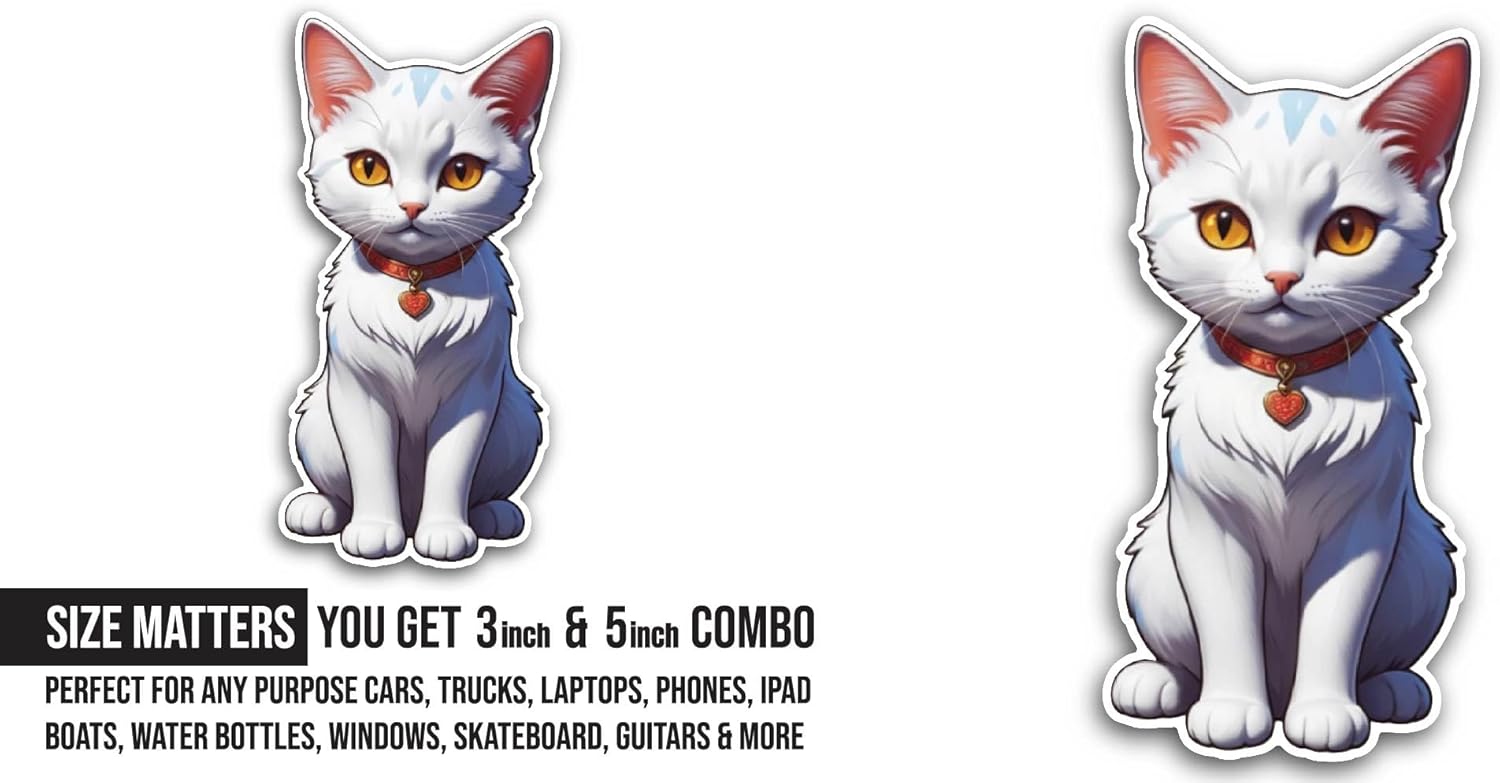 2 (Pieces) 3" and 5" White Cat Sticker, Waterproof Vinyl Decals for Many Purpose Like Cars, Trucks, Laptops, Phones, Windows and More