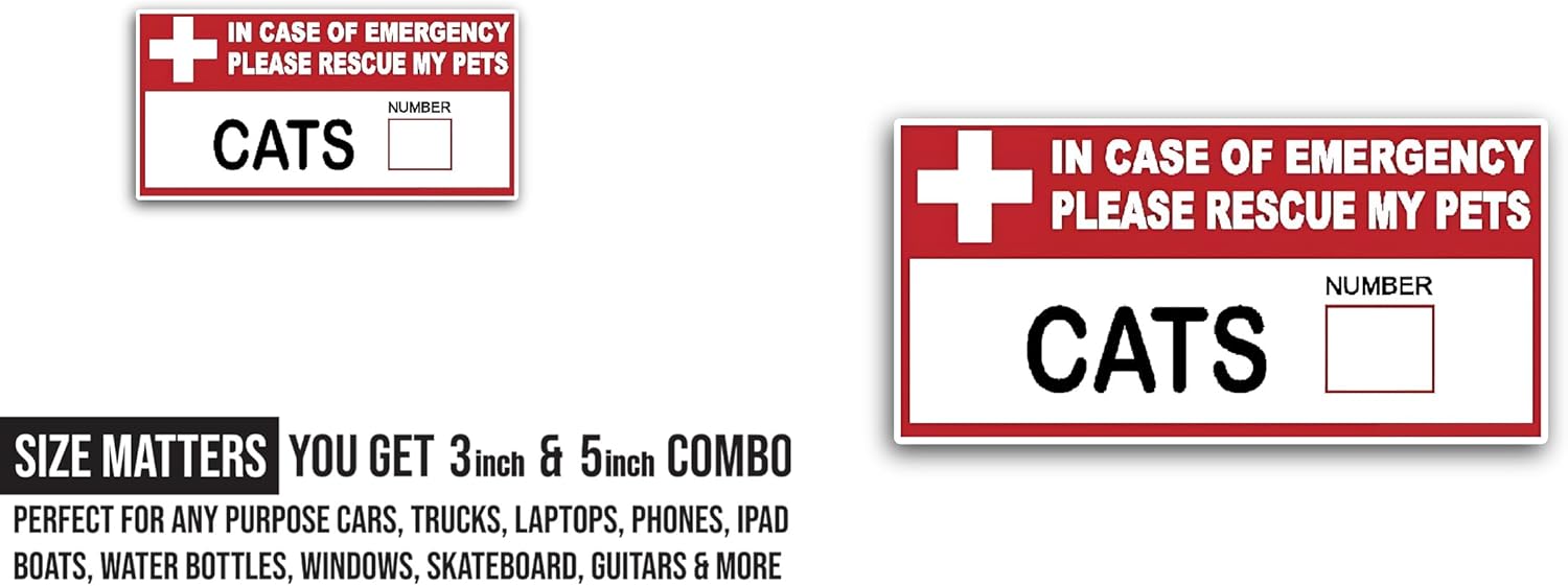 2 (Pieces) 3" and 5" in Case of Emergency Please Rescue My Pets Sticker, Waterproof Vinyl Decals for Many Purpose Like Cars, Trucks, Laptops, Phones, Windows and More