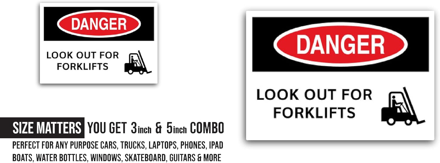 2 (Pieces) 3" and 5" Danger Sign - Look Out for Fork Lifts Sticker, Waterproof Vinyl Decals for Many Purpose Like Cars, Trucks, Laptops, Phones, Windows and More