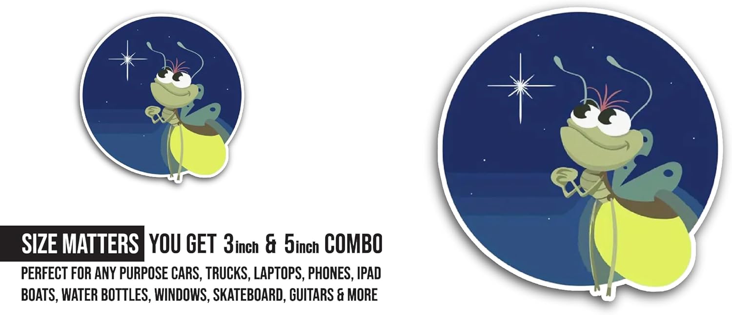 2 (Pieces) 3" and 5" Cartoon Firefly Sticker, Waterproof Vinyl Decals for Many Purpose Like Cars, Trucks, Laptops, Phones, Windows and More