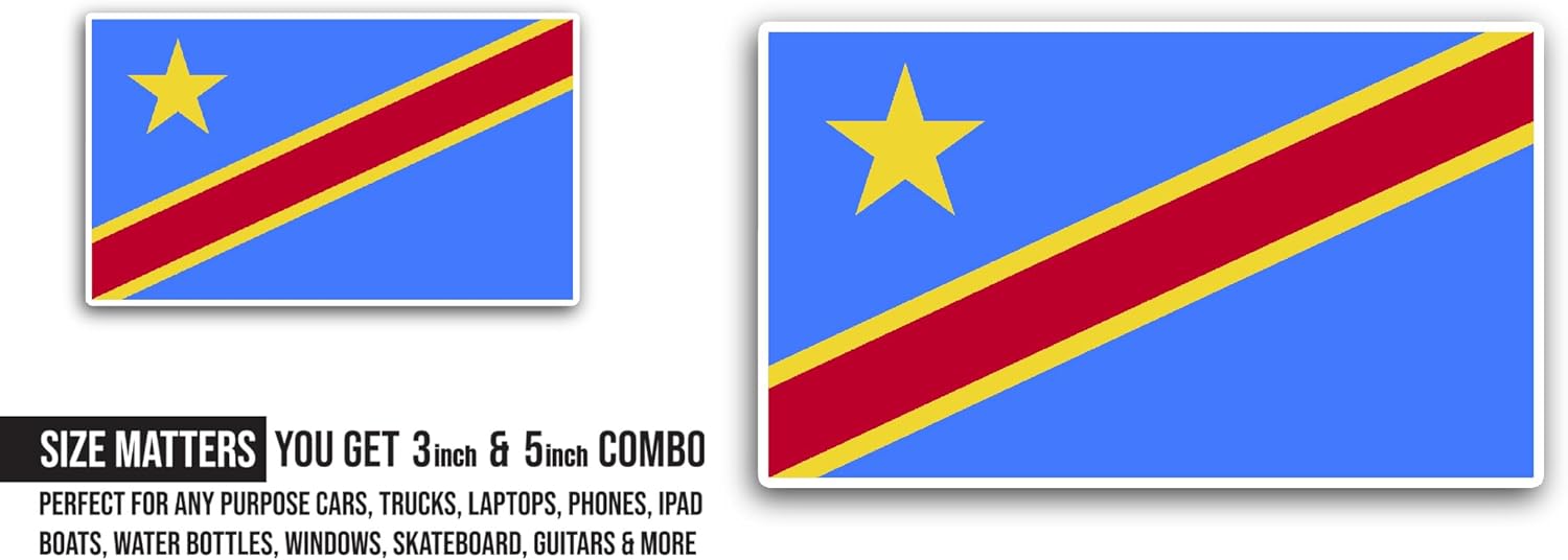 2 (Pieces) 3" and 5" Democratic Republic of The Congo Flag Sticker, Waterproof Vinyl Decals for Many Purpose Like Cars, Trucks, Laptops, Phones, Windows and More