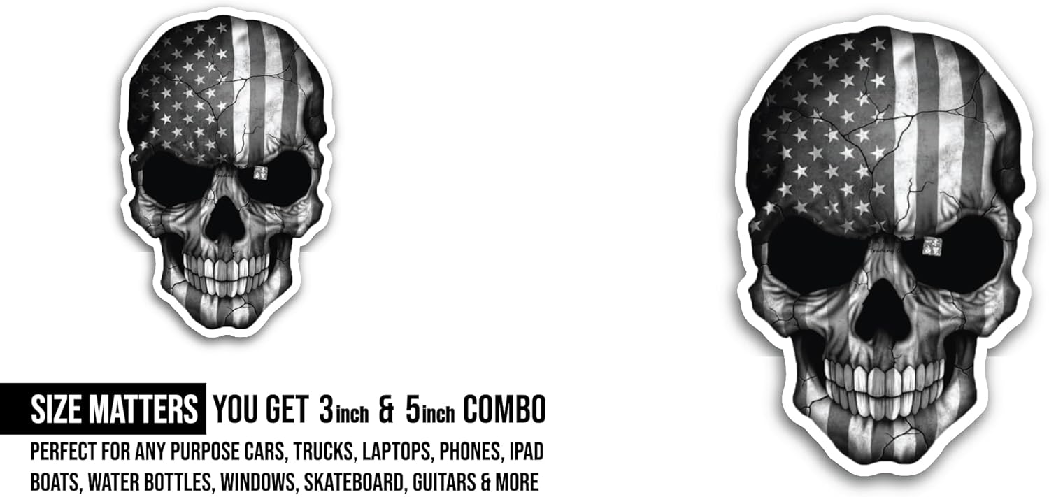2 (Pieces) 3" and 5" American Flag Skull Sticker, Waterproof Vinyl Decals for Many Purpose Like Cars, Trucks, Laptops, Phones, Windows and More